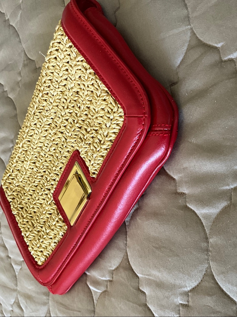 Talbots Red-Trim Straw Clutch with Gold Hardware
